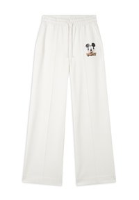 Pantalones de chándal anchos y blancos con cintura elástica y cordón. Presenta un diseño estampado de Mickey Mouse en el lado izquierdo. Textura suave.