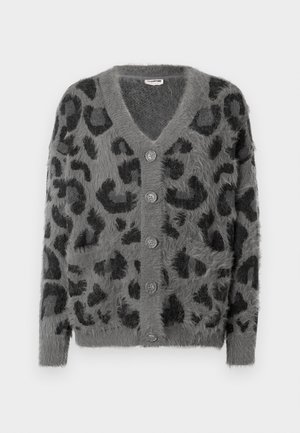 Gray leopard-print cardigan with a fuzzy texture, a V-neckline, and six gray buttons along the front. Long sleeves and a relaxed fit.