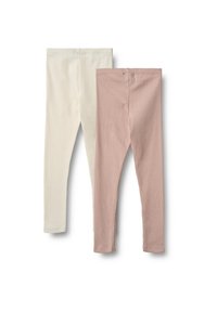 To par børneleggings i beige og støvet lyserød, lagt fladt på en hvid baggrund.