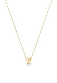 Gold chain necklace featuring a butterfly pendant with textured wings and a central pearl accent. Simple and elegant design.