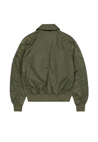 Olívazöld bomber dzseki bordázott mandzsettával és szegéllyel, gallérral, valamint cipzáras zsebbel a bal ujján, hátulnézetben.