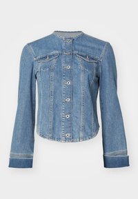 Svetlo modra jeans jakna z mandarin ovratnikom, sprednjim gumbom, dvema žepoma na prsih in dolgimi rokavi s manšetami. Rahlo skrajšan kroj.