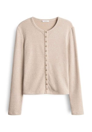 Beige ribbed long-sleeve cropped cardigan with round neckline and central button closure.