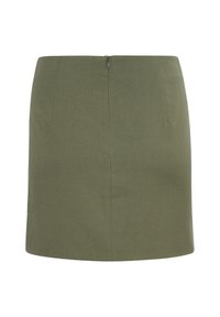 Jupe mini vert olive avec une coupe droite, dotée d'une fermeture éclair au dos et sans motifs ou textures visibles. Design simple et ajusté.