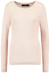 Maglione a maglia rosa chiaro con scollo rotondo, maniche lunghe e un motivo testurizzato. Presenta polsini e orlo a coste.