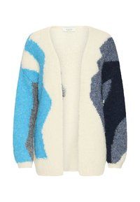 Cardigan lavorato a maglia color crema, con motivi astratti in blu, grigio e blu scuro. Apertura frontale, maniche lunghe e texture morbida.