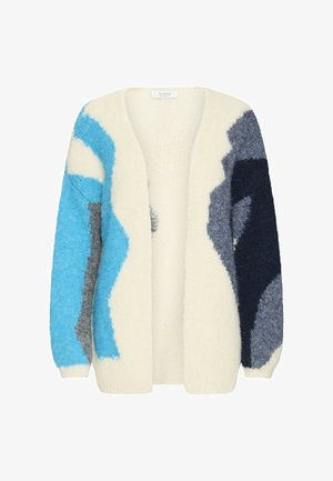 Cardigan lavorato a maglia color crema, con motivi astratti in blu, grigio e blu scuro. Apertura frontale, maniche lunghe e texture morbida.