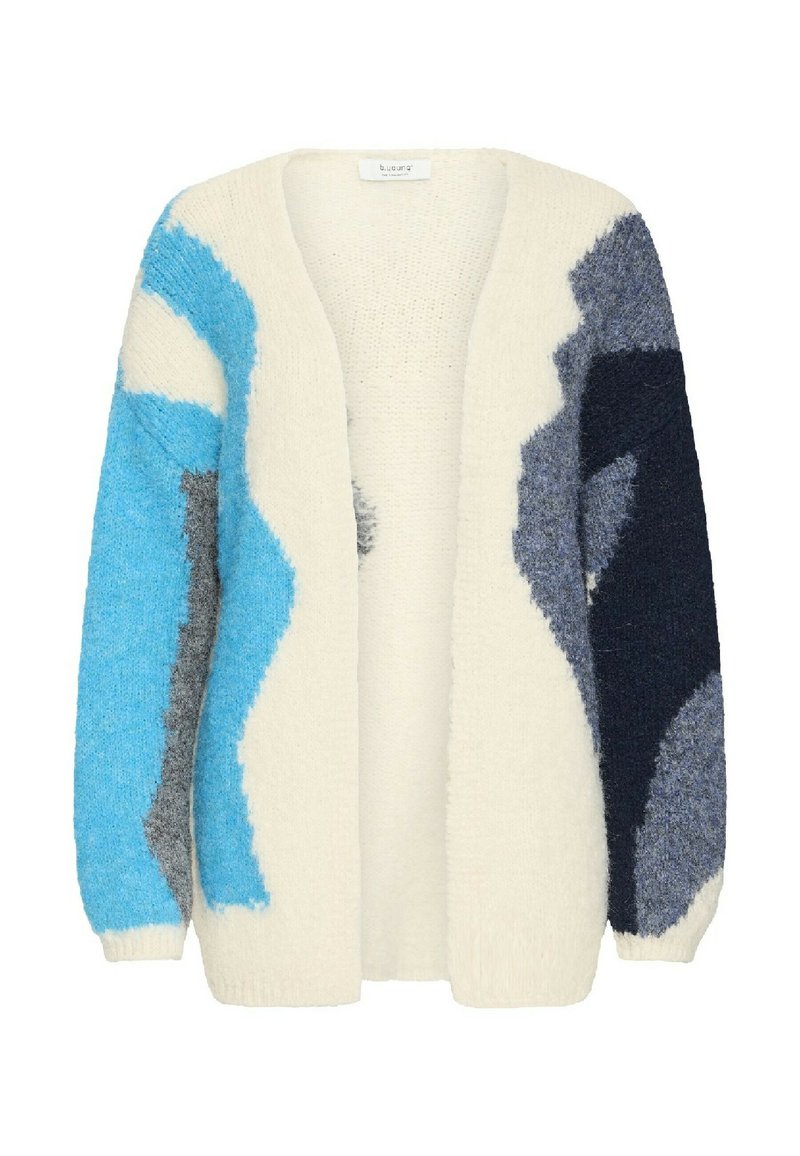 Cardigan lavorato a maglia color crema, con motivi astratti in blu, grigio e blu scuro. Apertura frontale, maniche lunghe e texture morbida.