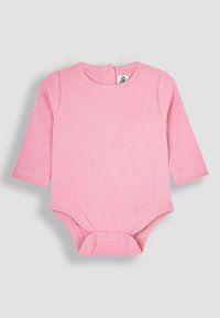 Långärmad rosa ribbad bodysuit med rund halsringning och tryckknappar bak och vid botten. Mjuk och elastisk tyg.