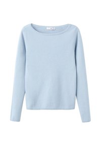 Maglione a maniche lunghe di colore blu chiaro, con scollatura rotonda ampia, stile semplice e polsini e orlo a costine.