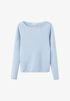 Light blue long-sleeve knit sweater with a wide round neckline, simple style, and ribbed cuffs and hem.