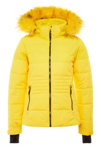 Gelbe Pufferjacke mit abnehmbarem, fellgefüttertem Kapuzen, frontalem Reißverschluss, gestepptem Design und Seitentaschen, mit schwarzen Akzenten an den Bündchen.