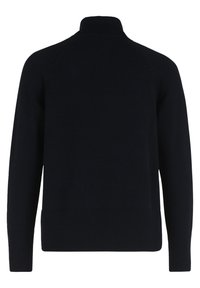 Marineblaue Strickjacke mit hohem Kragen, gerippten Bündchen und Saum. Glatte Textur mit Raglanärmeln und minimaler Detailgestaltung.