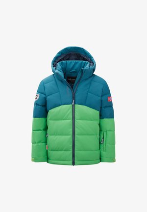 Gestepptes Jackett mit einem türkis- und grünfarbigen Colorblock-Design. Verfügt über eine Kapuze, einen Reißverschluss und Logopatches. Glatte Textur, gestepptes Muster.