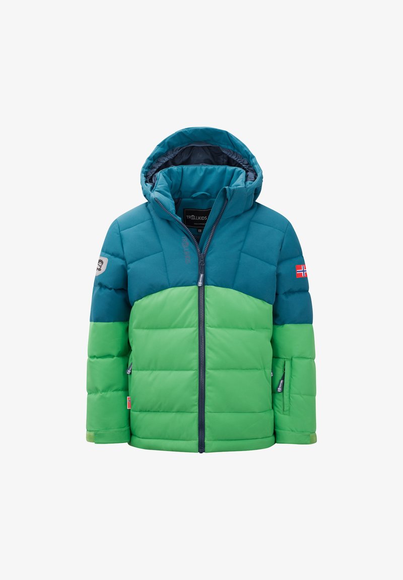 Padded jacket with a teal and green colorblock design. Features a hood, zip closure, and logo patches. Smooth texture, quilted pattern.