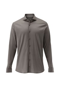 Camicia button-up in un grigio tenue, realizzata in un tessuto liscio. Presenta un colletto aperto, maniche lunghe e bottoni scuri lungo il davanti.