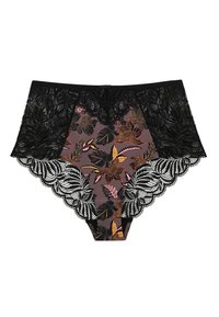 Des sous-vêtements taille haute ornés d'un mélange de motifs floraux sombres sur un fond mauve. Des bordures en dentelle noire avec des bords festonnés rehaussent le design.