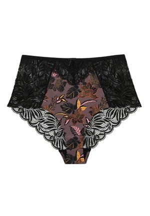 Des sous-vêtements taille haute ornés d'un mélange de motifs floraux sombres sur un fond mauve. Des bordures en dentelle noire avec des bords festonnés rehaussent le design.