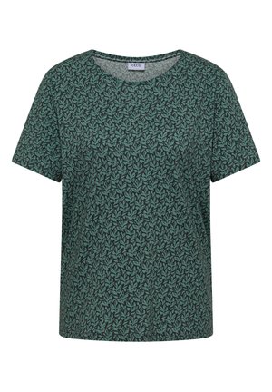 Kortærmet mørkegrøn t-shirt med tæt lysere grønne bladmønster og rund halsudskæring.
