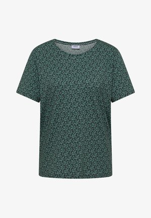 Kortærmet mørkegrøn t-shirt med tæt lysere grønne bladmønster og rund halsudskæring.