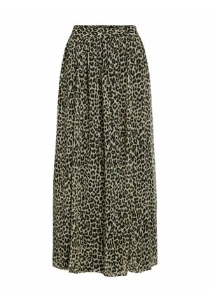 Leopardenmuster-Midi-Rock mit elastischem Bund, ausgestattet mit einem fließenden, plissierten Design in Beigetönen und Schwarz. Weicher Stoff.