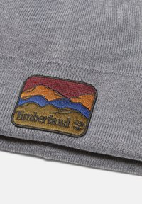 Gorro de punto gris con un parche bordado que presenta montañas en rojo, naranja, azul y una base marrón, mostrando el logotipo de Timberland.