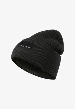 Zwarte gebreide beanie met een geribbelde textuur. Voorzien van een rechthoekige zwarte stoffen patch met witte letters, licht losse pasvorm.