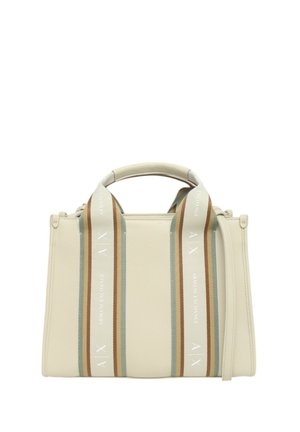 Borsa a mano in pelle crema con doppi manici superiori e tracolla rimovibile. Presenta strisce orizzontali in blu chiaro, marrone e bianco con il logo.