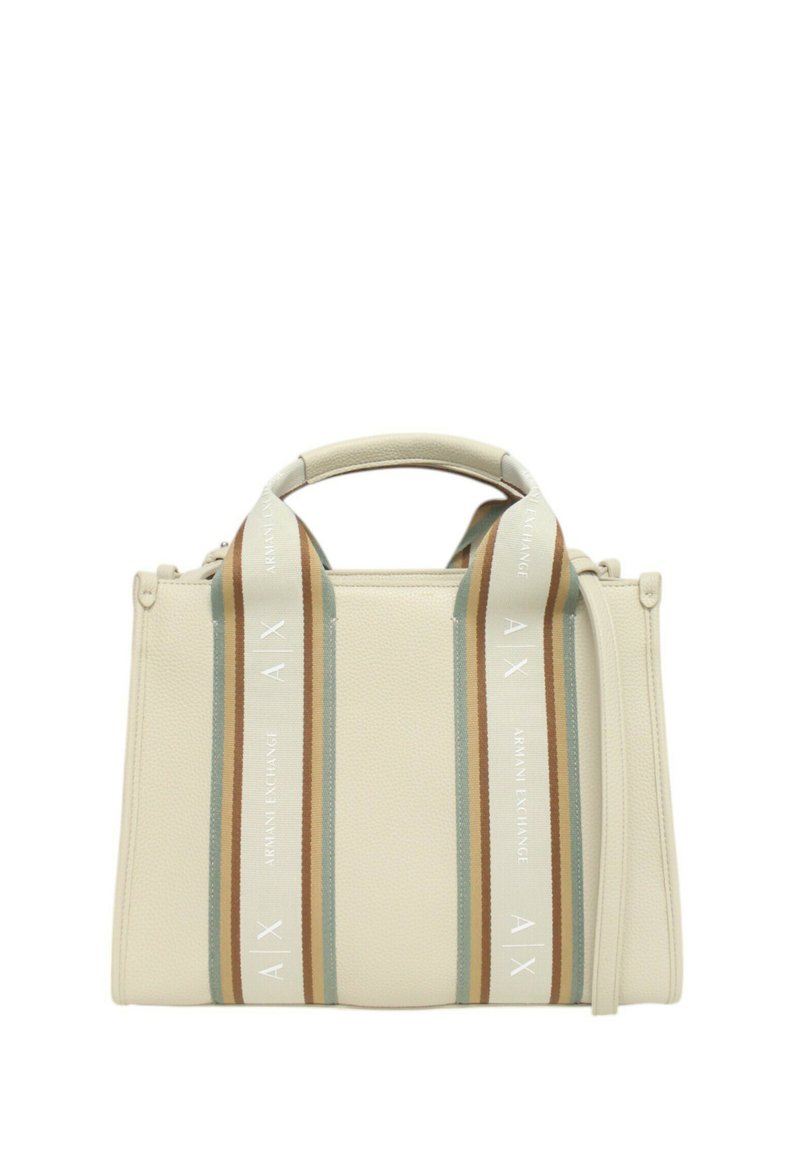 Borsa a mano in pelle crema con doppi manici superiori e tracolla rimovibile. Presenta strisce orizzontali in blu chiaro, marrone e bianco con il logo.