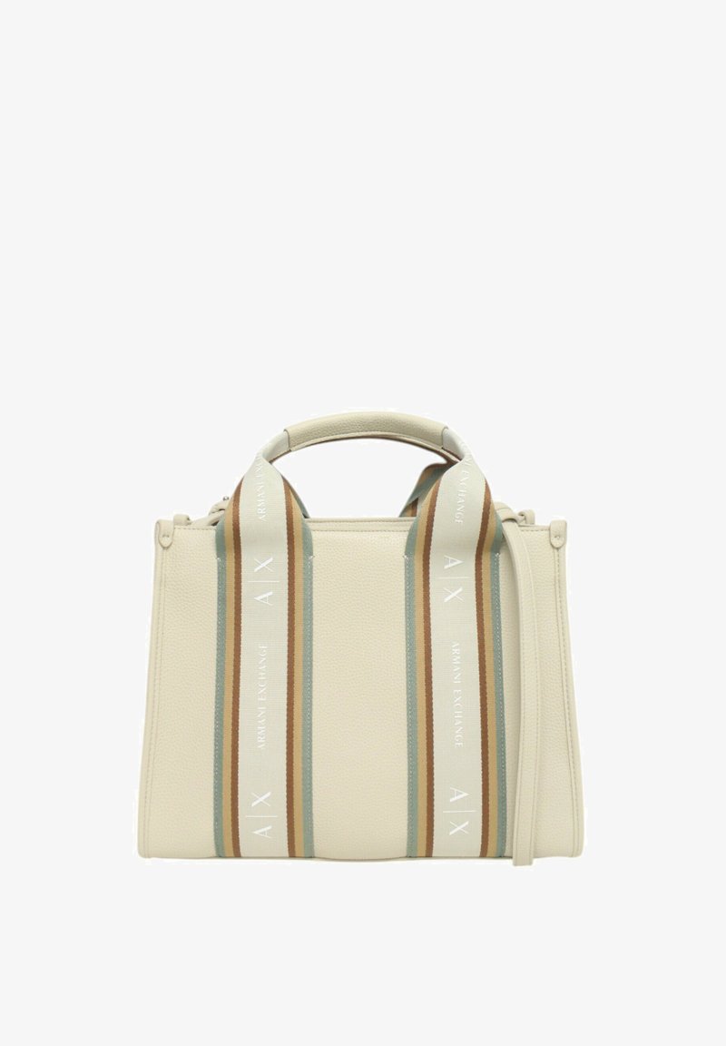 Borsa a mano in pelle crema con doppi manici superiori e tracolla rimovibile. Presenta strisce orizzontali in blu chiaro, marrone e bianco con il logo.