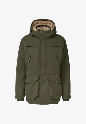 Olijfgrijze winterparka met een nepbont gevoerde capuchon, twee met rits gesloten borstzakken, twee flapzakken met drukknoop en verstelbare manchetten.