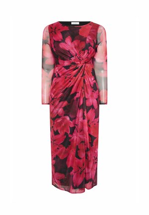Langarm bloemenjurk met een zwart en roze bloemenpatroon, voorzien van een gedrapeerd twistontwerp bij de taille en doorzichtige mouwen.