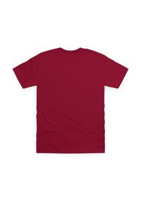 Burgundy bomulds t-shirt med korte ærmer, rund halsudskæring og en glat tekstur; ingen synlige grafikker eller udsmykninger på ryggen.