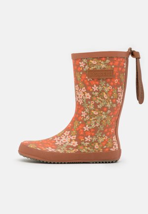Children's orange rain boot with multicolor floral pattern, rubber sole, brown trim, and wrist strap embossed with "bisgaard" logo.