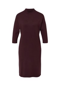 Abito maglione a maniche tre quarti di lunghezza al ginocchio in un profondo bordeaux, con colletto alla coreana, presentato su sfondo bianco.