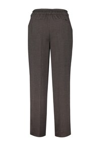 Braune gemusterte Hose mit elastischem Bund, geradem Schnitt, zwei Gesäßtaschen und strukturierter Oberfläche.
