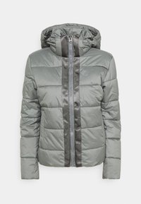 Pohodlná šedá bunda s kapucí, se zipovým zapínáním vpředu a kontrastním tmavě šedým panelem uprostřed. Hladká textura, prošívaný design.