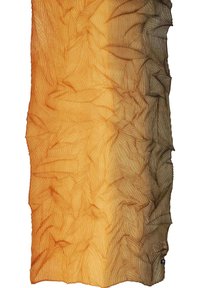 Fular texturat în nuanțe gradate de chihlimbar și verde măslin, având un model asemănător unei frunze și un material ușor, translucidez.