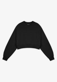 Schwarzer, verkürzter Sweatshirt mit Raglanärmeln, geripptem Halsausschnitt und Bündchen. Glatte Textur, minimalistisches Design, geeignet für legere Kleidung.
