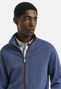 Junger Mann mit kurzen schwarzen Haaren, der einen blauen Reißverschluss-Pullover über einem gestreiften Hemd trägt und zur Seite schaut.