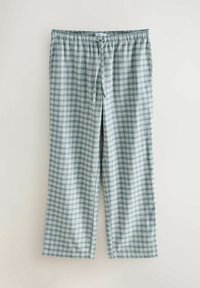 Ljusblå och vita rutiga pyjamasbyxor tillverkade av mjukt tyg; lös passform med resårmidja och dragsko för justerbarhet.