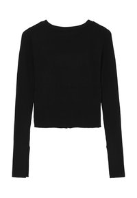 Top cropped a maniche lunghe nero realizzato in tessuto a costine, con scollo rotondo e spacchetti laterali all'orlo per un tocco di dettaglio.