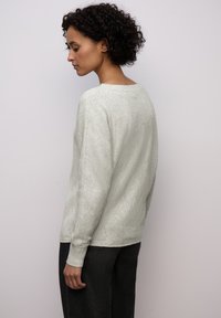Maglione grigio chiaro con una texture morbida, scollo ampio e maniche lunghe. La parte posteriore è semplice, progettata per una vestibilità comoda.