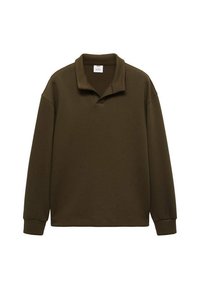 Felpa col verde scuro con colletto, maniche lunghe e polsini a coste. Texture liscia e design minimalista senza motivi.