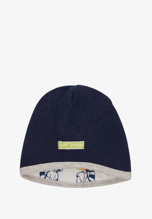Berretto lavorato a maglia blu navy con un interno grigio. Presenta un'etichetta "loud + proud" sul davanti. Texture morbida e forma arrotondata.