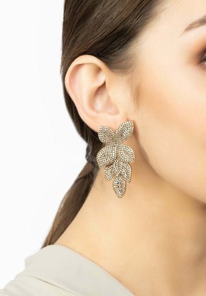 Gold-tone leaf-shaped earrings embellished with clear rhinestones, featuring a layered design for added depth and visual texture.