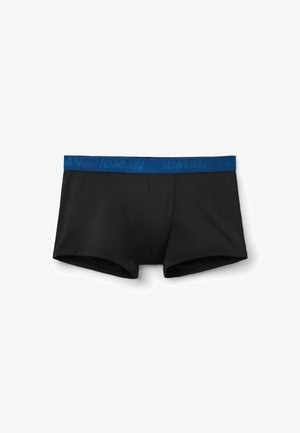 Zwarte boxershorts met een blauwe tailleband met reliëfletters. Gemaakt van gladde stof met een aansluitend ontwerp en zonder zichtbare patronen.