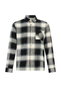 Zwart-wit geruite overhemd met lange mouwen, knoopsluiting, kraag en borstzak met een klein bruin patchlogo.