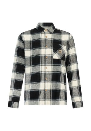 Black and white plaid long-sleeve button-up shirt with collar and chest pocket featuring a small brown patch logo.