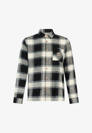 Černobílé kostkované košile s dlouhým rukávem a knoflíkovým zapínáním, s límečkem a náprsní kapsou, která obsahuje malé hnědé logo v nášivce.